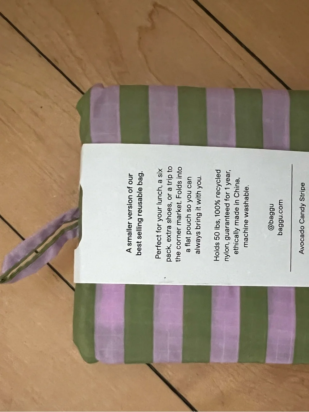 BAGGU Baby Reusable Bag in Green and Lavender Stripes